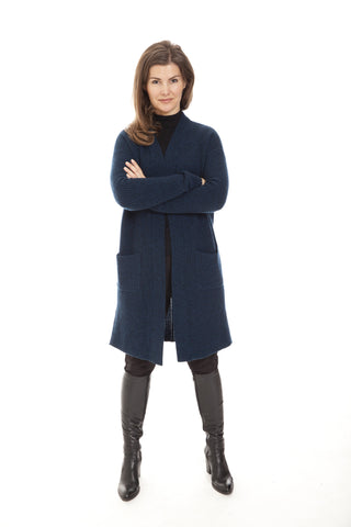Julia - lang cashmere cardigan - Petroleum-Blå & Sort